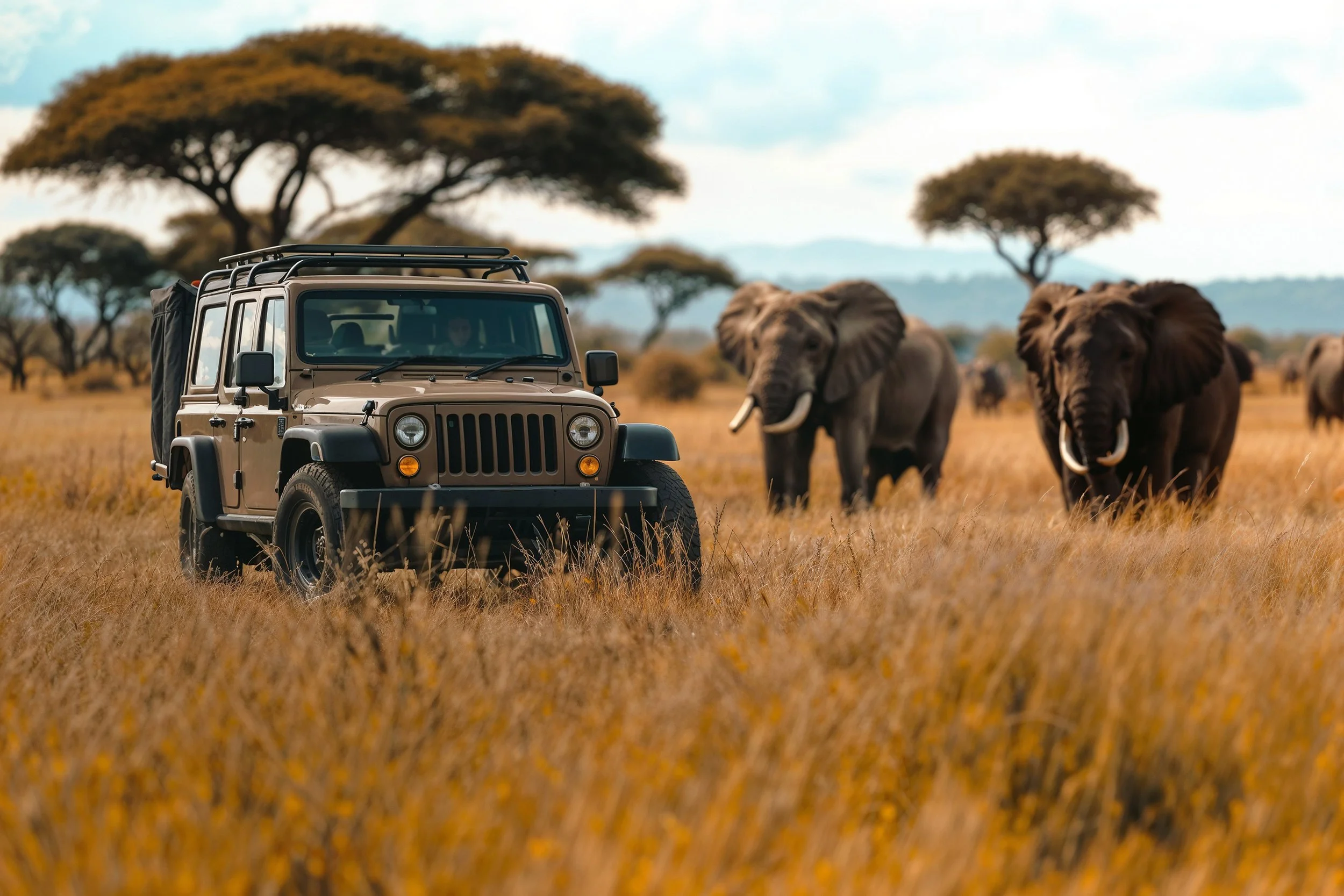 A safari vehicle in a grassland with elephants and trees in the background.