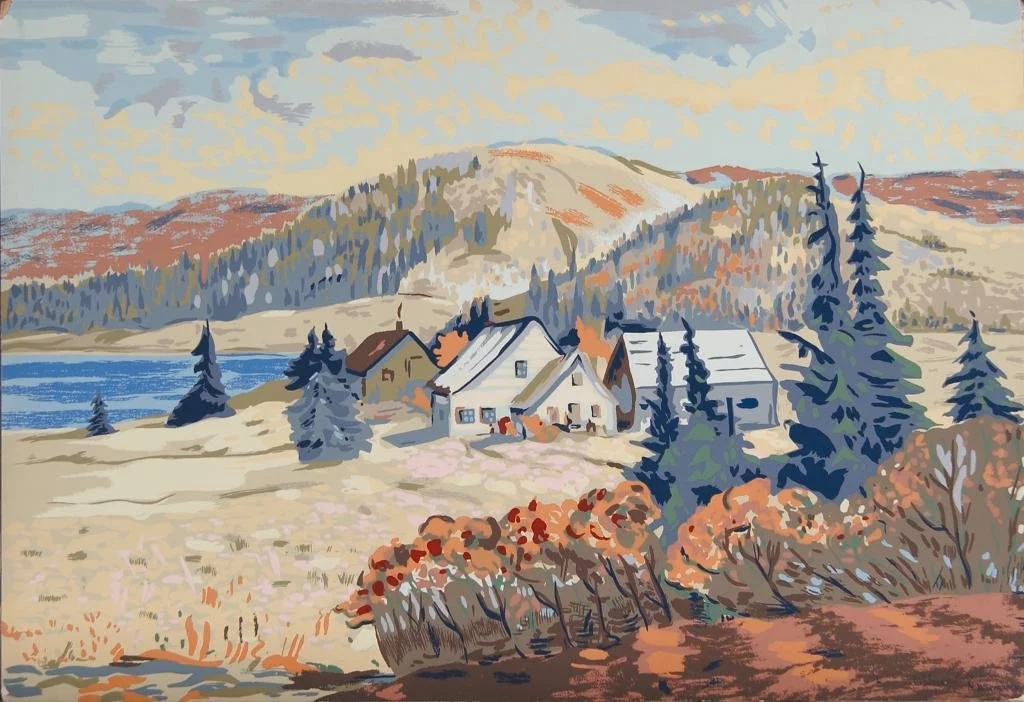 A painting of a mountain landscape featuring a small cluster of houses among trees, with a lake to the left and rolling hills in the background, under a partly cloudy sky.