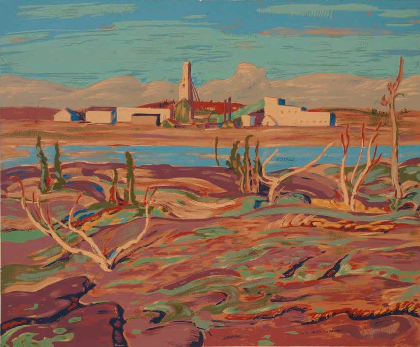 A landscape painting with dry, colorful terrain, sparse trees, a river, and a distant village with buildings and a church steeple under a partly cloudy sky.
