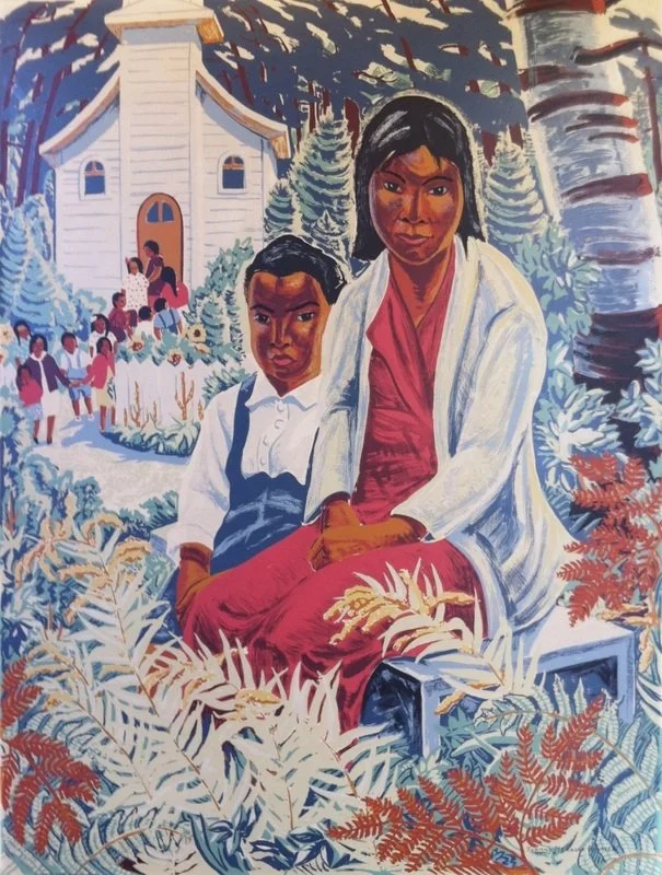 A painting of a woman and a young boy sitting outdoors on a bench, with a white church and other children playing in the background. Trees and plants surround them.