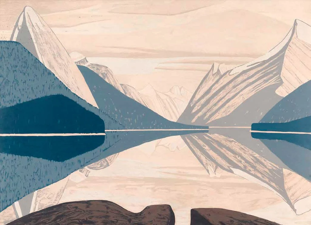 A stylized illustration of a mountain landscape with snow-capped peaks, a body of water reflecting the mountains, and rocks in the foreground.
