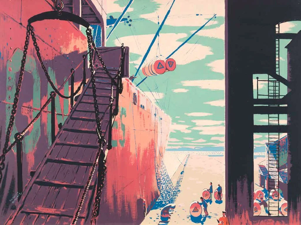 A painting of an industrial shipyard with a large ship being painted, a ramp leading onto the ship, and workers with paint barrels. Playground equipment with triangles is visible in the background.