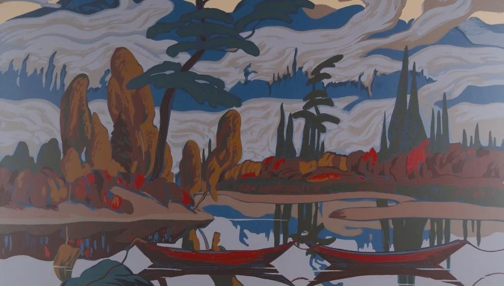 A landscape painting featuring a lake with two boats, trees, large rock formations, and a cloudy sky.