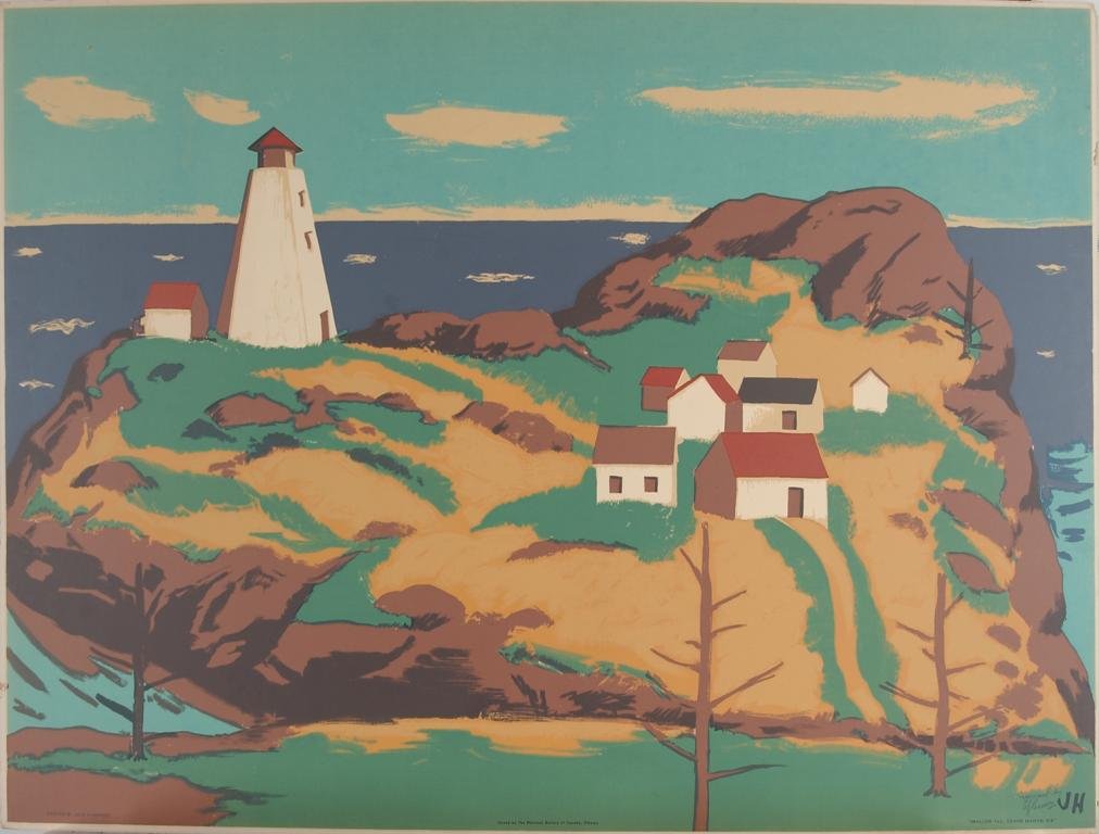 A colorful painting of a lighthouse and small houses on a hillside near the ocean, with a clear blue sky and a few clouds.