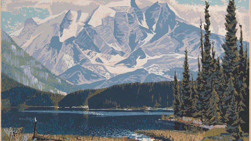 Painting of a mountain landscape with snow-capped peaks, a lake in the foreground, and tall pine trees along the shore.
