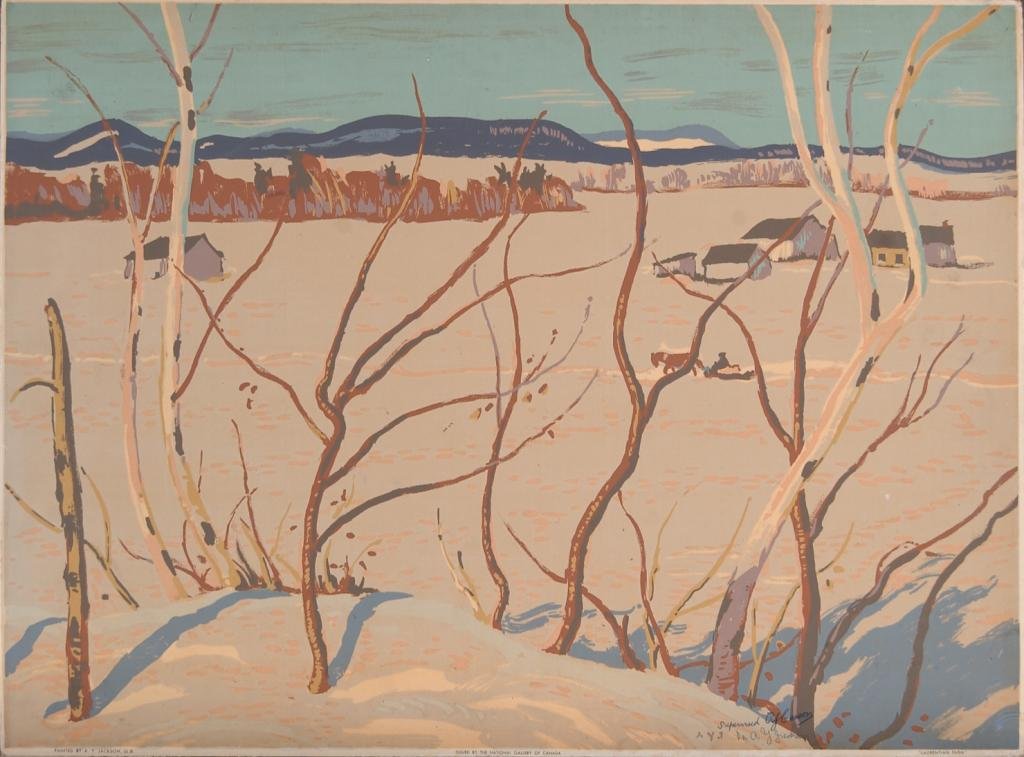 Painting of a winter landscape with snow-covered ground, leafless trees in the foreground, and a distant view of mountains and small houses.