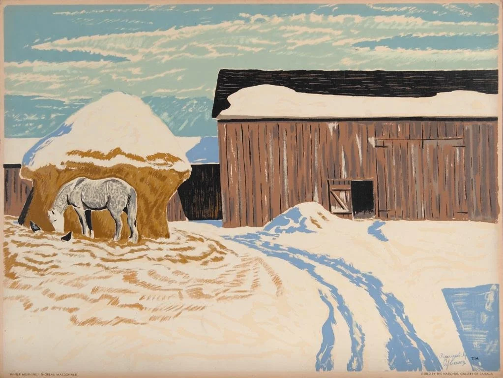 A painting of a snow-covered rural scene with a wooden barn, a haystack with snow on top, and a gray horse standing under the haystack. There are tracks in the snow leading towards the barn, and the sky is partly cloudy.