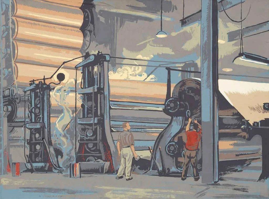Painting of a vintage gas station with two old-fashioned fuel pumps, a person in a striped shirt standing nearby, and another person in a red shirt adjusting a large hose or nozzle, under a partly cloudy sky.