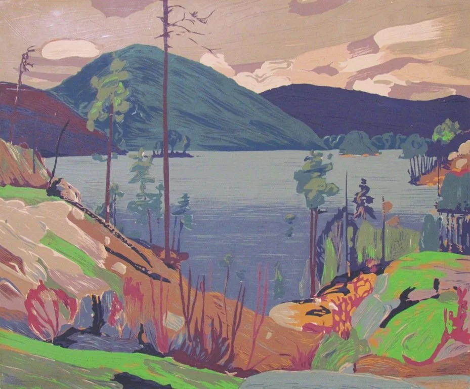 A landscape painting of a lake with surrounding hills and trees in pastel colors.