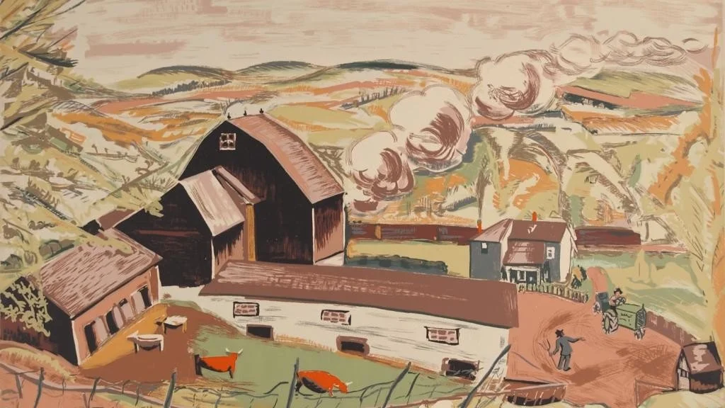 A rural farm scene with barns, animals, and rolling hills in the background, illustrated in a painterly style.