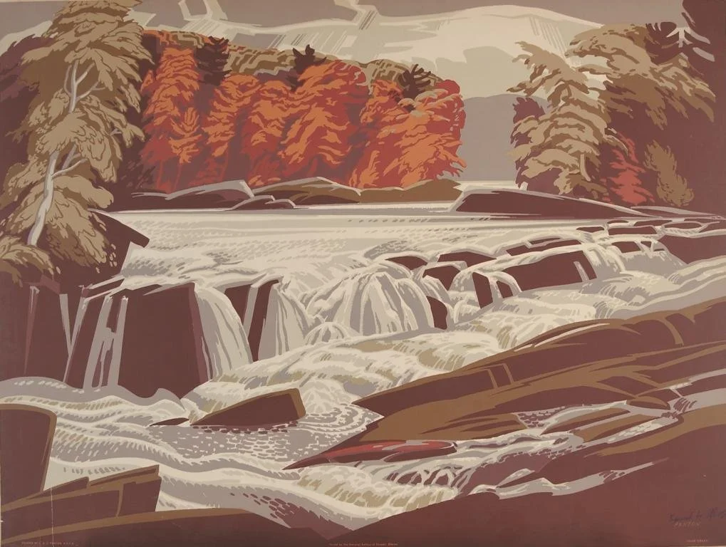 Illustration of a river with a small waterfall, rocks in the water, and trees with autumn-colored leaves in the background.