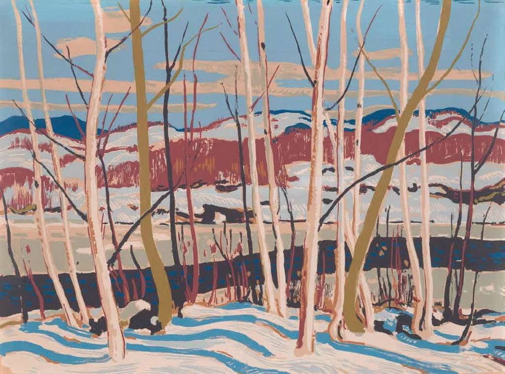 A winter landscape painting of leafless trees with snow-covered ground and hills in the background under a blue sky.