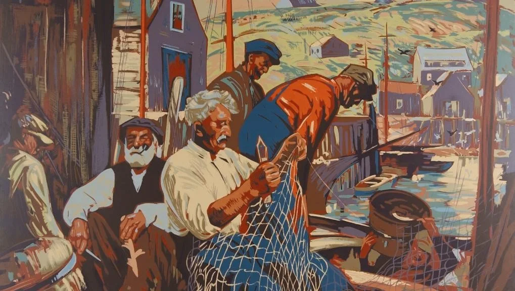 Fishermen repairing a fishing net at a dock with boats and a coastal village in the background.