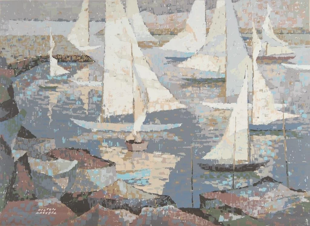 Painting of sailboats on a body of water, with rocks and shoreline in the foreground and multiple sailboats with white sails in the background.