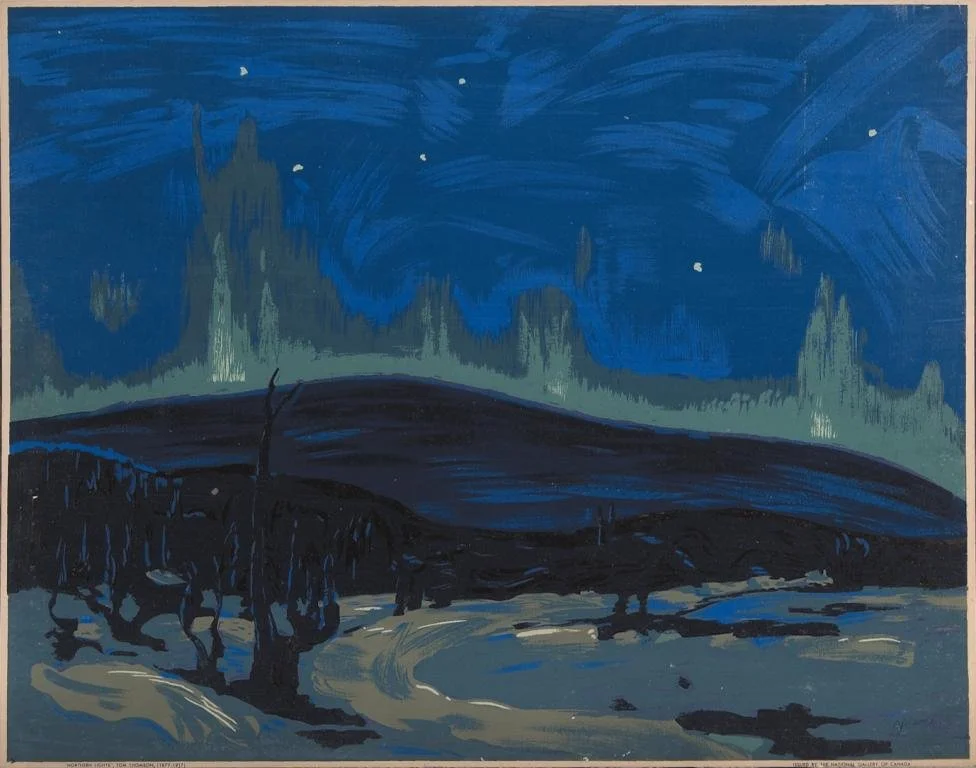 Night landscape with a dark terrain and trees in the foreground, a winding path, and an aurora borealis with stars in the sky.