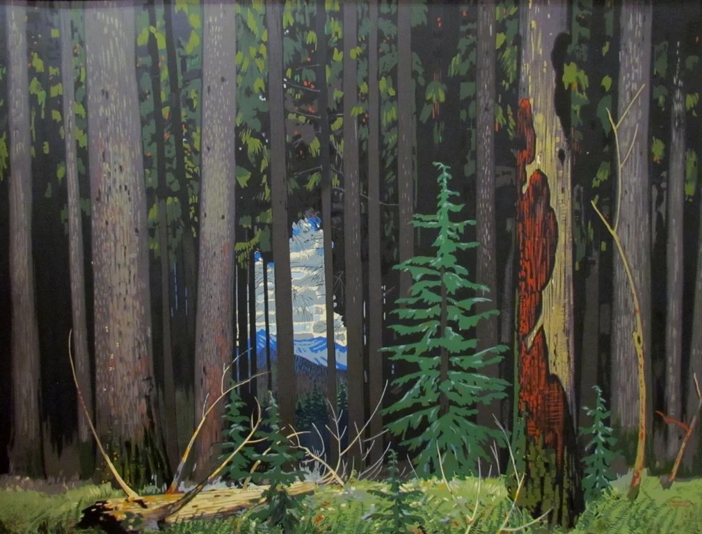 A forest with tall trees, including a large tree with a partially missing bark revealing orange and yellow wood, and a green coniferous sapling in the foreground. There are smaller plants and fallen branches on the forest floor, with a view of mounta