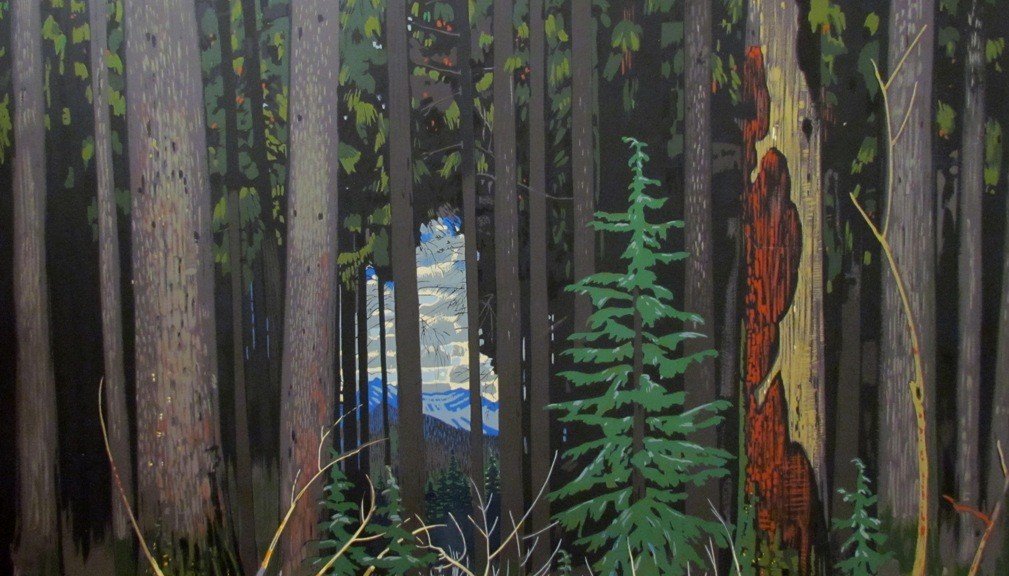 A painting of a forest scene with tall trees, some of which have patches of bark missing, and a view of mountains and clouds in the background through the trees.