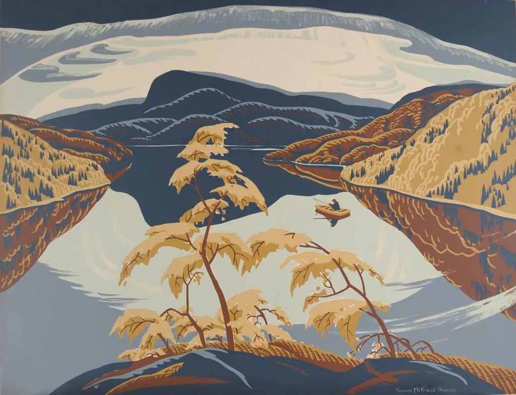 A stylized landscape painting of a river flowing through mountains with trees in autumn colors and a boat on the water.