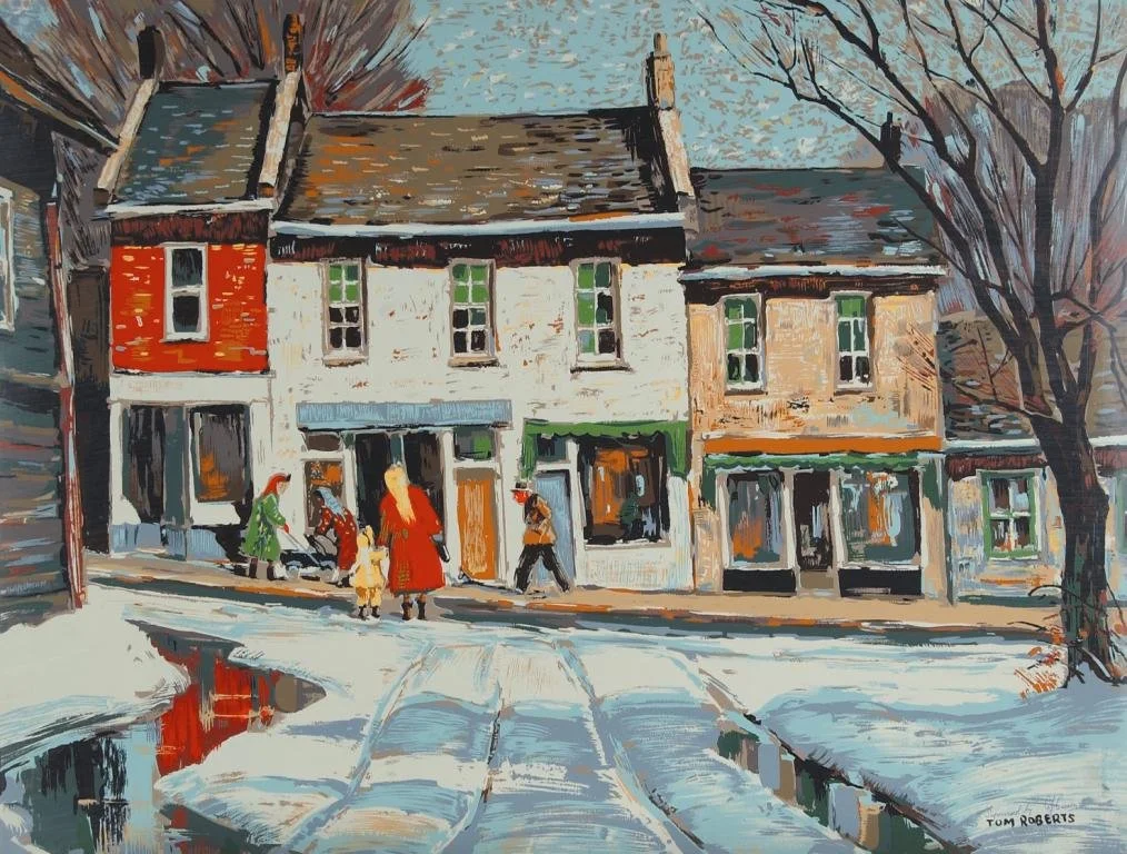 A street scene with three old buildings, some with peeling paint, under a snowy landscape. There are three people, two women and a child, walking on the sidewalk.