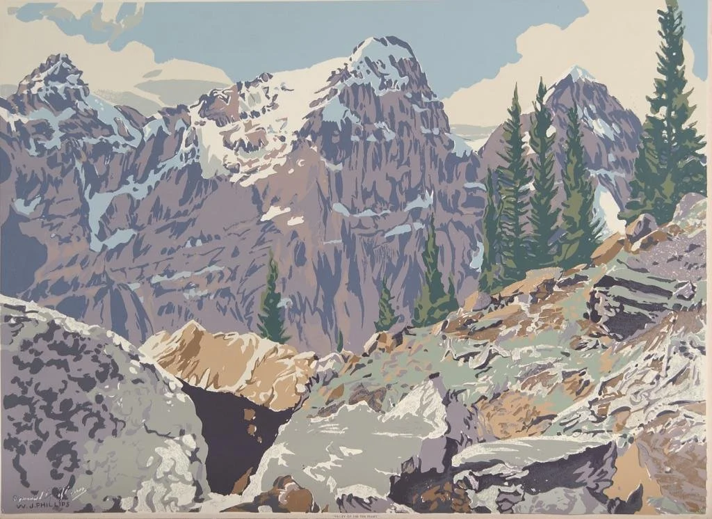 A digital painting of a mountain landscape with tall, rugged snow-capped peaks, evergreen trees, and rocky terrain under a cloudy sky.