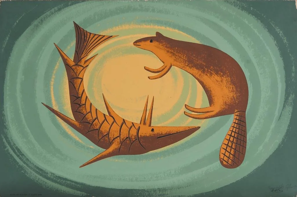 An artistic illustration of a fish with sharp fins and a long body facing a rodent with a tail, both floating in a swirling green and yellow background.