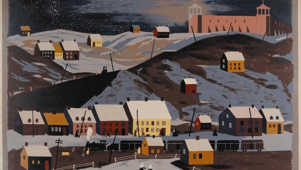 Painting of a snowy hillside village with houses, a train, and a bridge, under a starry night sky.