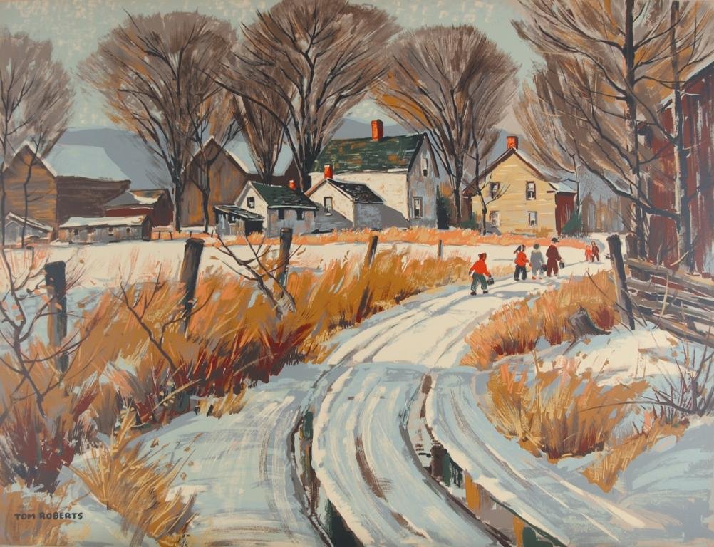 A winter landscape scene of a snow-covered country road with children playing, some walking and some skating, toward a cluster of houses with leafless trees in the background, painted in warm earth tones and muted colors.