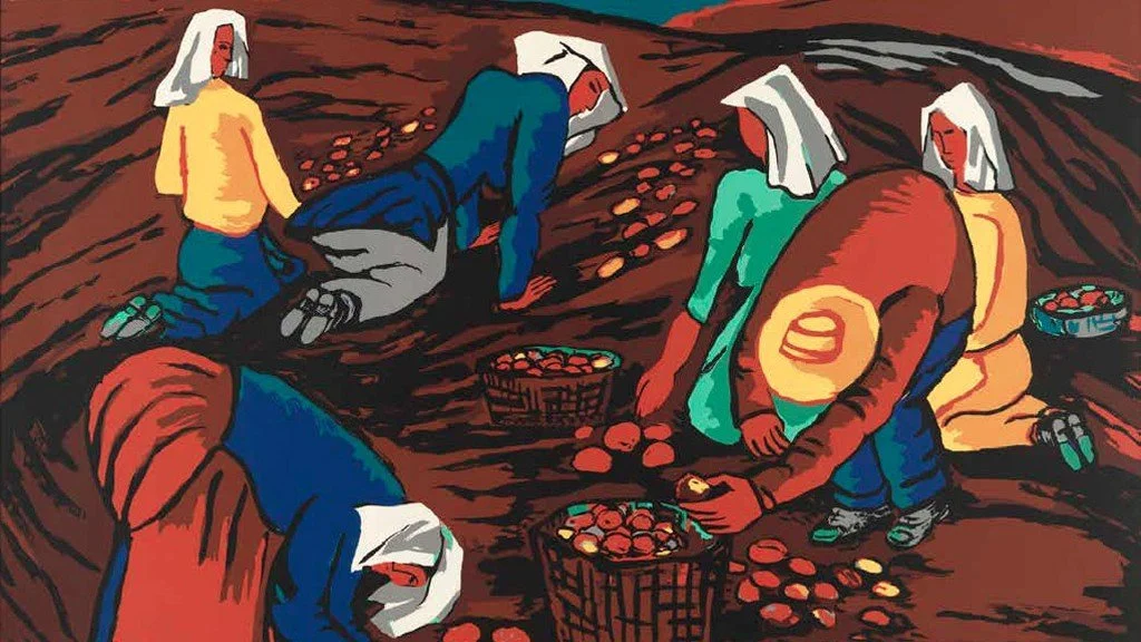 Illustration of women harvesting onions from a field, picking onions, and placing them into baskets.