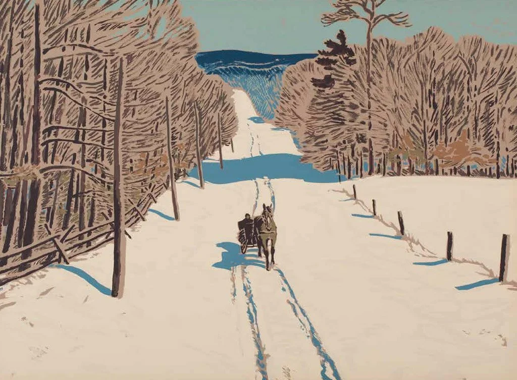 A winter landscape with a snow-covered dirt road flanked by leafless trees, with a person riding a horse and another walking beside them, and a waterfall or river in the background.