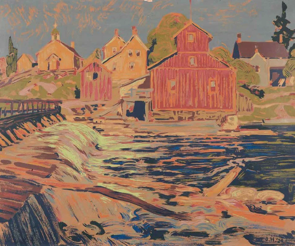 Painting of a small village by a river with colorful houses and greenery.