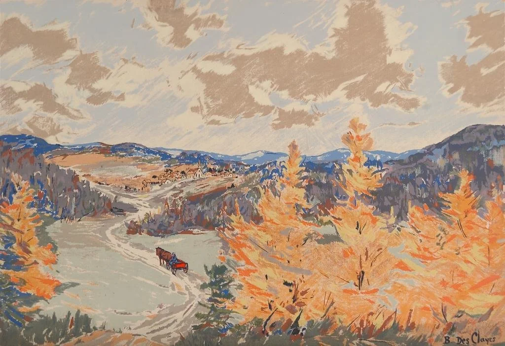 A painting of a mountain landscape with a cloudy sky, orange trees in the foreground, and a horse-drawn carriage on a winding road.