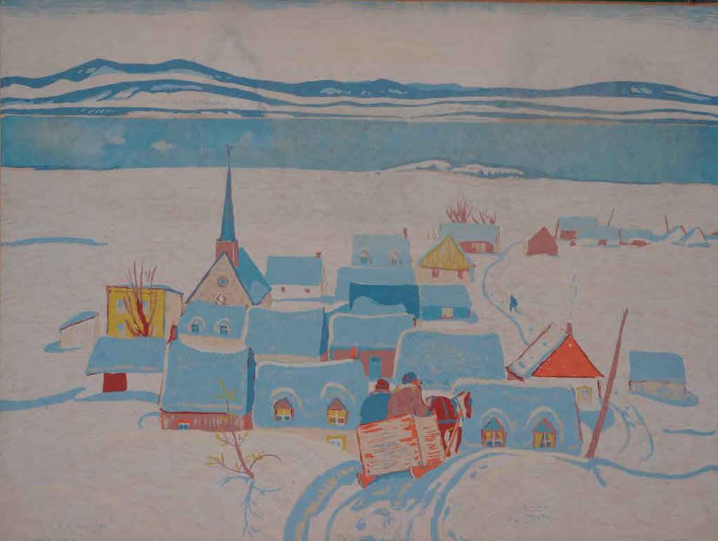 A painting of a snow-covered village with colorful houses, a church with a steeple, and mountains in the background.
