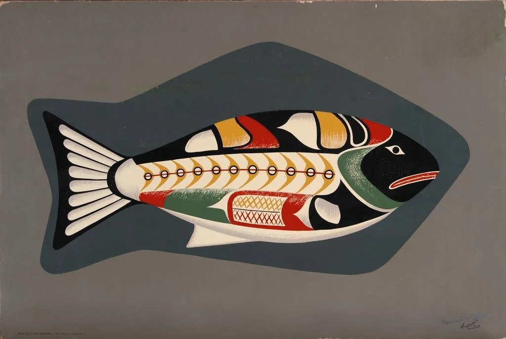 Traditional Indigenous-style artwork of a fish with colorful patterns and geometric designs, depicted on a gray background.