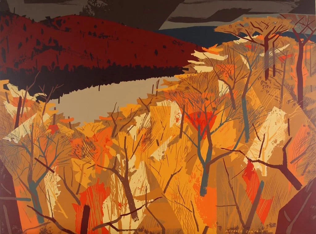 An abstract painting of a colorful autumn landscape with trees, hills, and a mountain in the background.