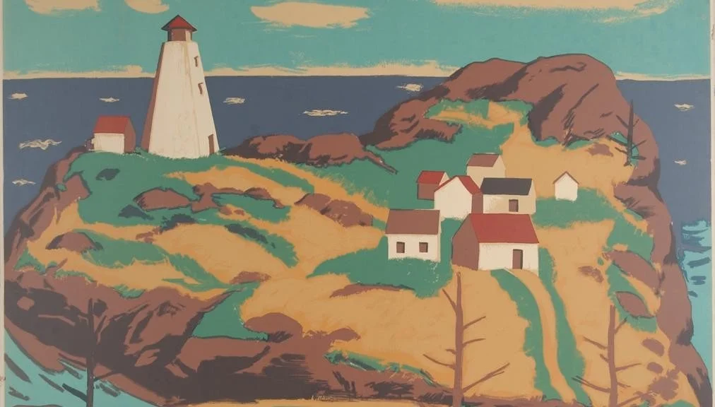 A painting of a coastal landscape with a lighthouse on a hill, several small houses, a rocky cliff, and the ocean in the background.