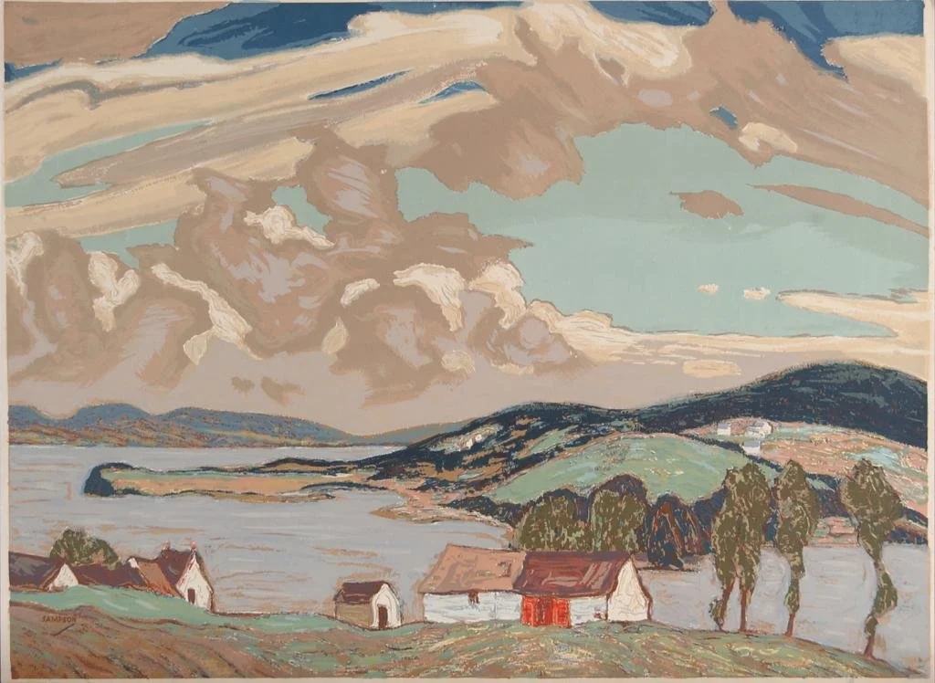 A landscape painting of a lake with hills in the background and a partly cloudy sky, featuring a few houses with red and white roofs and tall trees in the foreground.