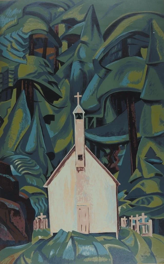A painting of a small white church with a steeple and cross, surrounded by large abstract green and blue trees and some white crosses in the background.