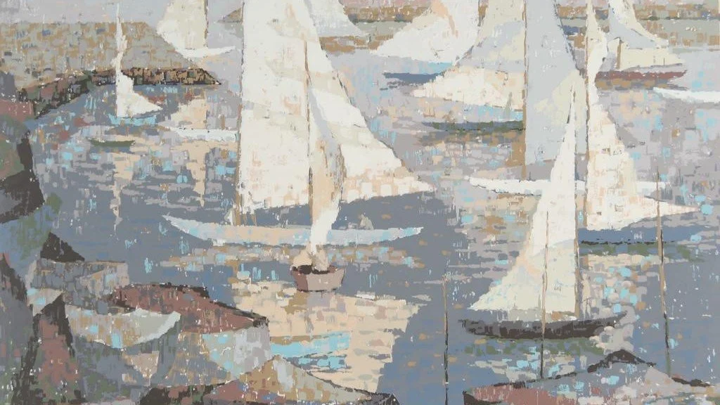 A digital painting of sailboats on the water near a rocky shoreline with calm waves.