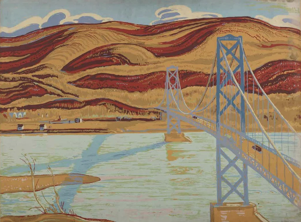 Painting of a suspension bridge over a body of water with hills or mountains in the background, depicted in warm earth tones and stylized brushstrokes.