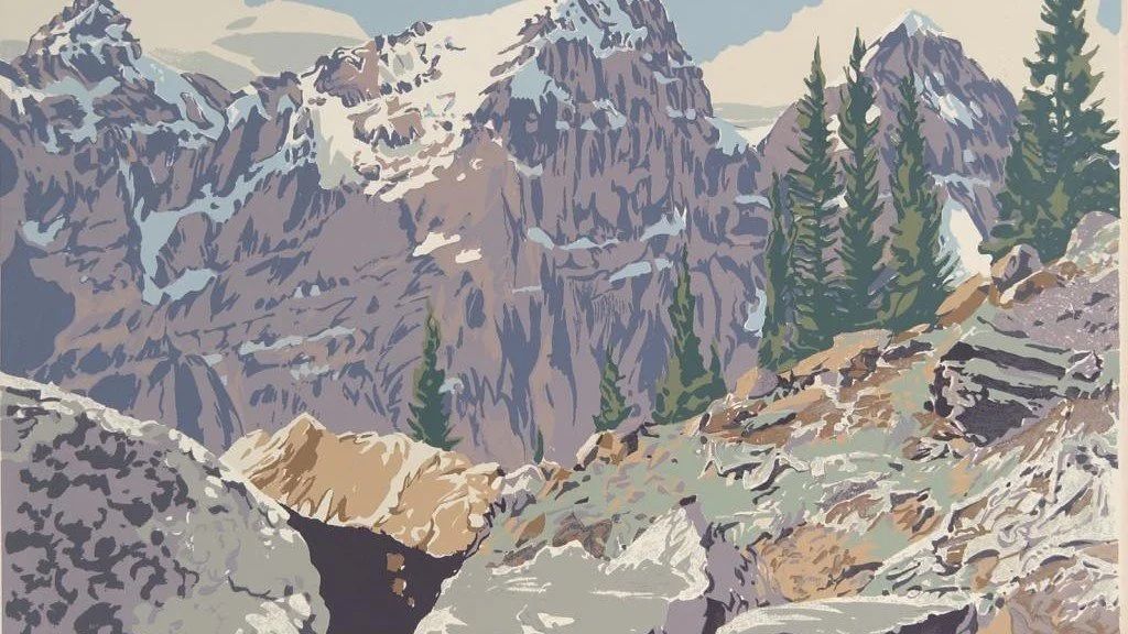 Digital painting of a mountain landscape with snow-capped peaks, tall pine trees, and rocky terrain.