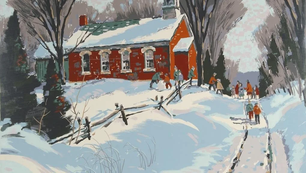 A snowy scene featuring a red house with a green roof, surrounded by snow-covered trees and a group of children playing outside. A snow-covered path leads to the house.