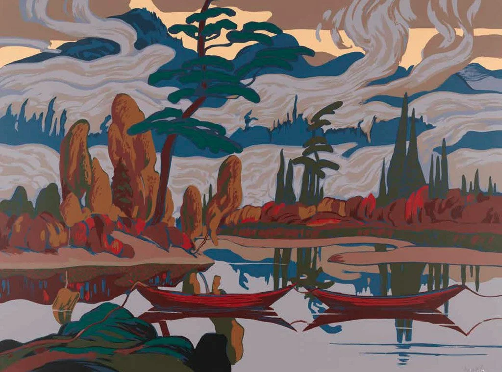 A landscape painting of a river scene with trees, boats, and clouds in a stylized, abstract style.