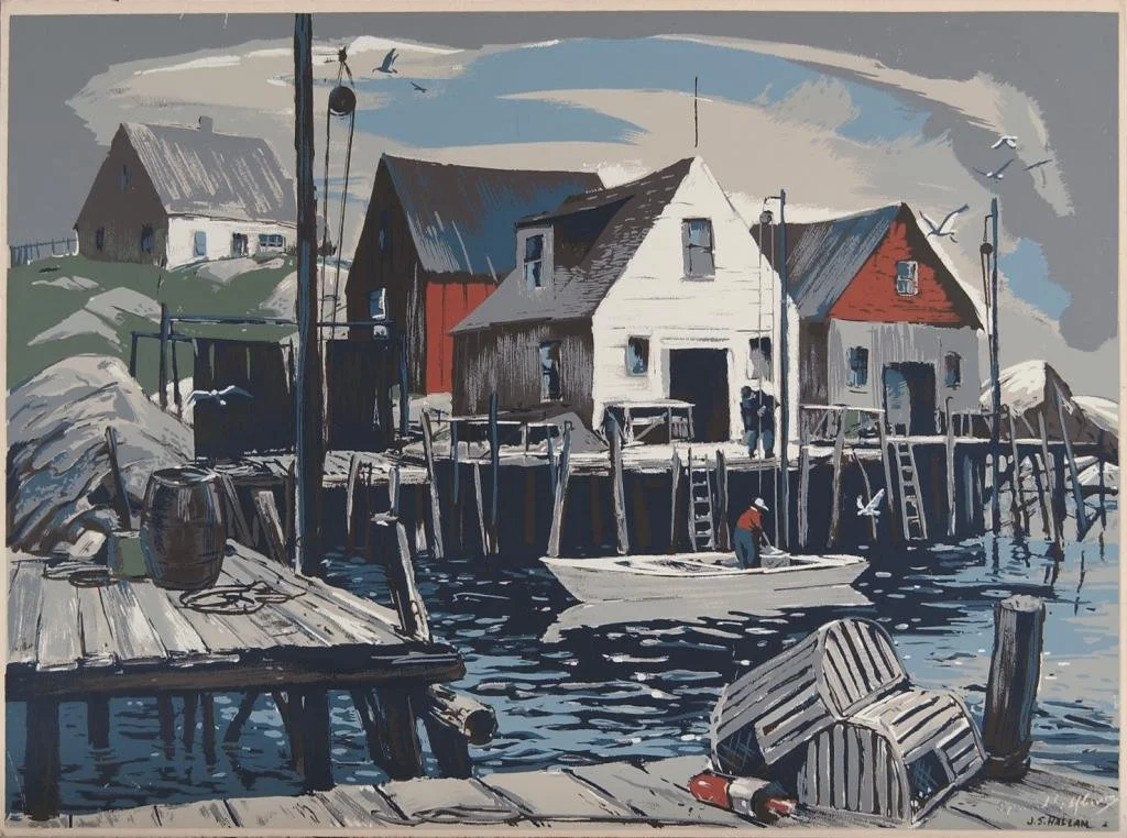 A painting of a waterfront scene with old wooden houses on stilts, a small boat with a person in a red jacket, and birds flying in the sky.