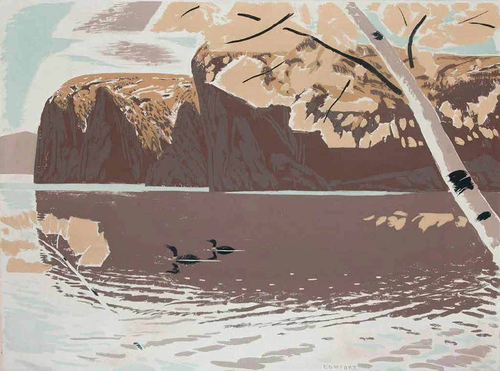 A stylized illustration of a rocky island or cliff in the distance, with a body of water in the foreground. Ducks are swimming in the water, and there is a tree with fallen leaves on the right side of the image.