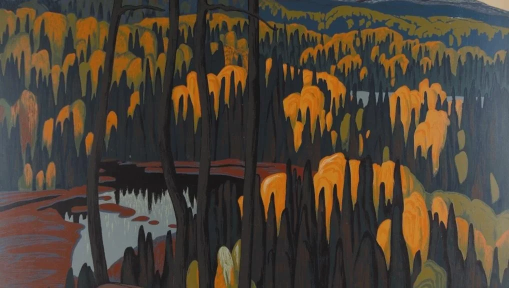 A landscape painting of a forest with dark trees and orange foliage, a river running through the scene, and mountains in the background.