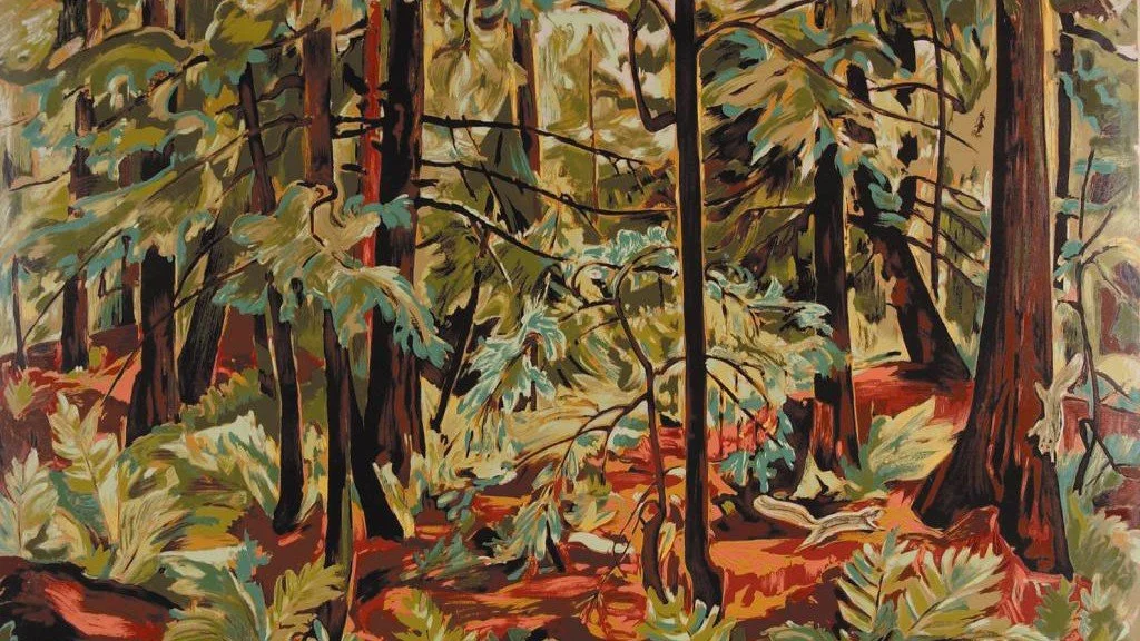 Painting of a forest scene with tall trees, green foliage, and a forest floor covered in red leaves.