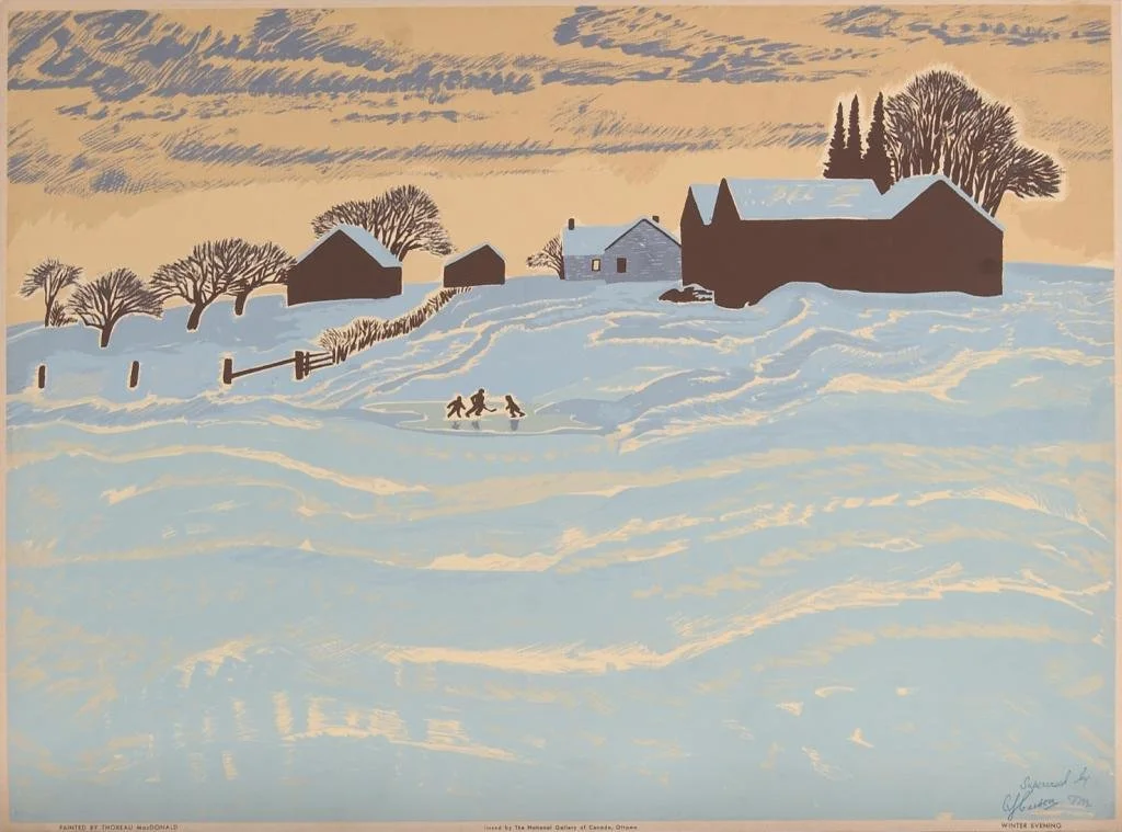 A winter scene of a snow-covered landscape with houses and leafless trees. Three children are playing in the snow near the foreground, under a partly cloudy sky with shades of blue and beige.