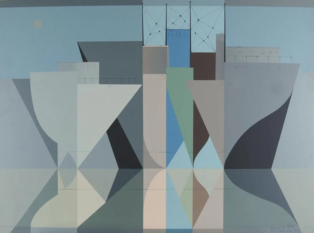 Abstract painting of ships reflected in water on a calm sea, with geometric shapes and a muted color palette.