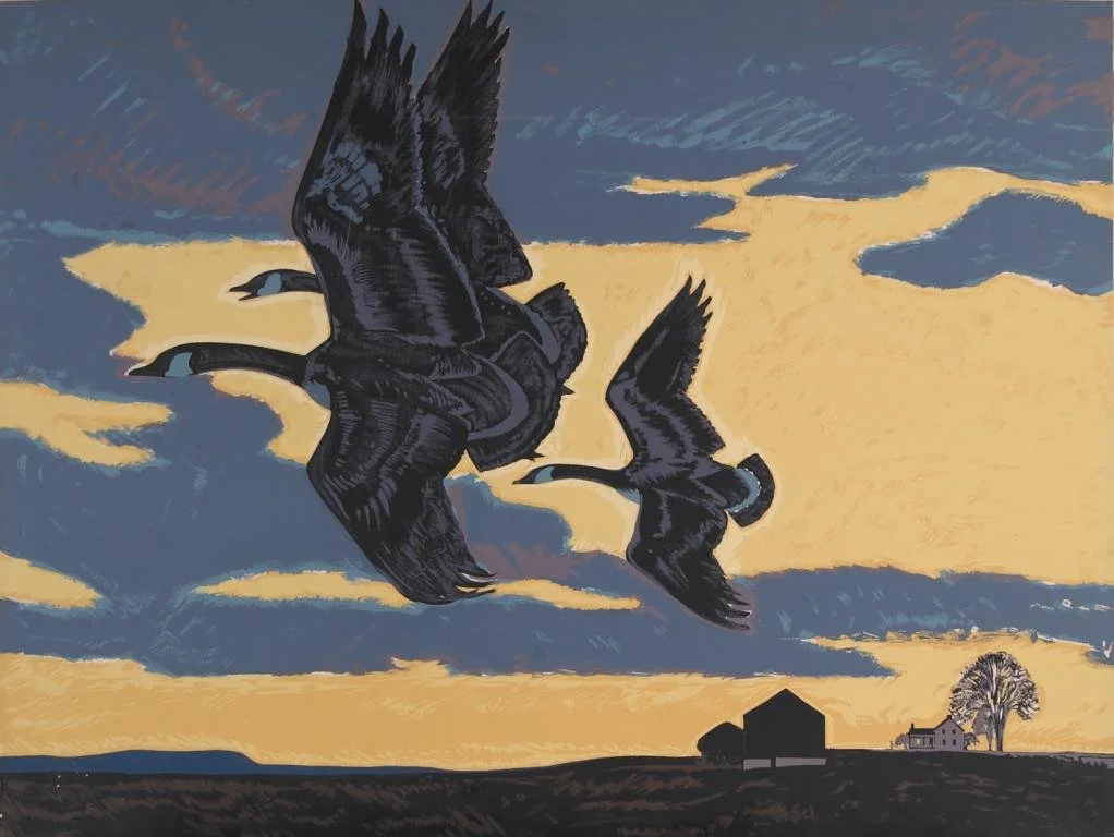 A painting of three flying Canada geese against a sunset sky with clouds, a house, and a tree on the horizon.