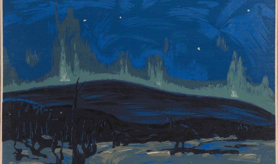 A painting of a dark landscape scene with a deep blue sky and greenish northern lights, a black area resembling hills or mountains, and dark, twisted trees in the foreground.